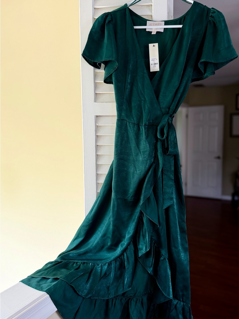 Audrey Emerald Green Satin Wrap Midi Dress with Ruffle Hem. Size Small.